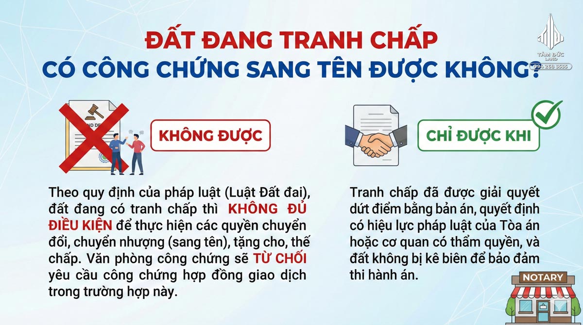 Đất đang tranh chấp có công chứng sang tên được không?